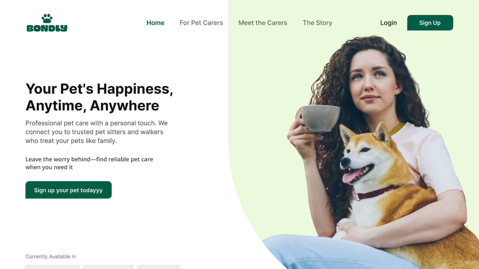 Bondly pet care landing page