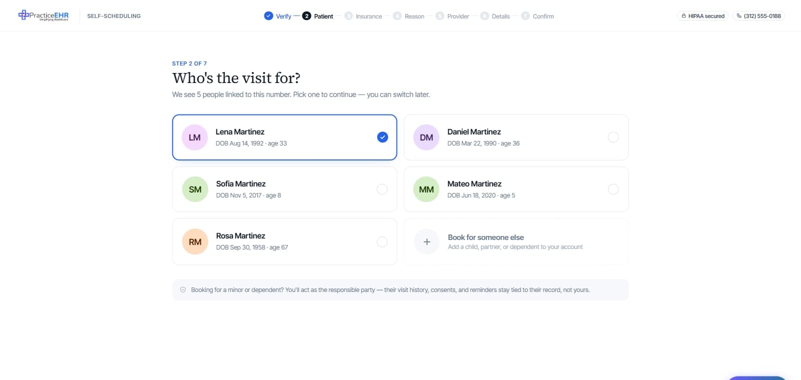 PracticeEHR self-scheduling patient picker for a family account
