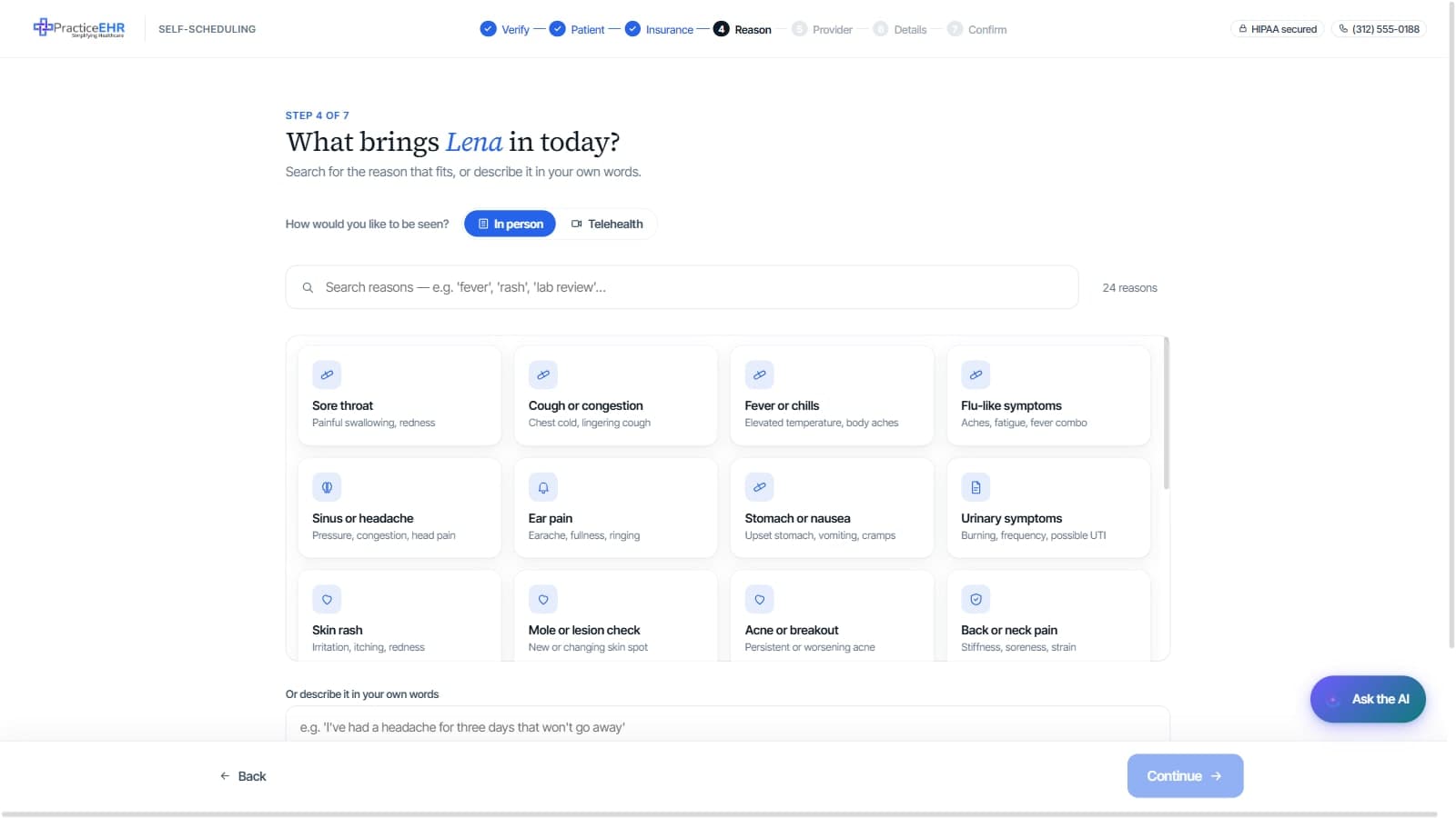 PracticeEHR self-scheduling reason picker with twenty-four visit reasons
