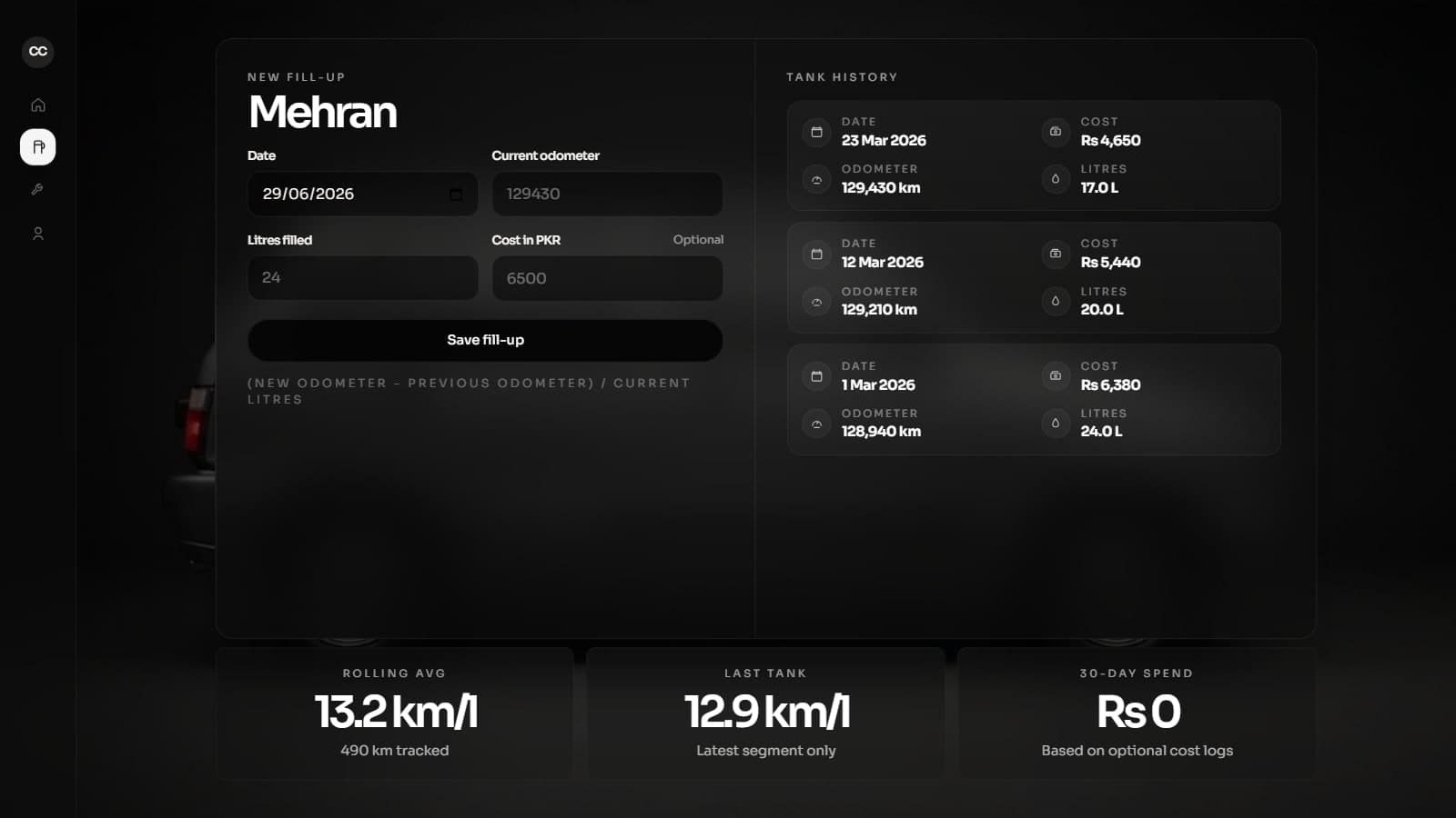 CarCompanion fuel log with tank-to-tank efficiency