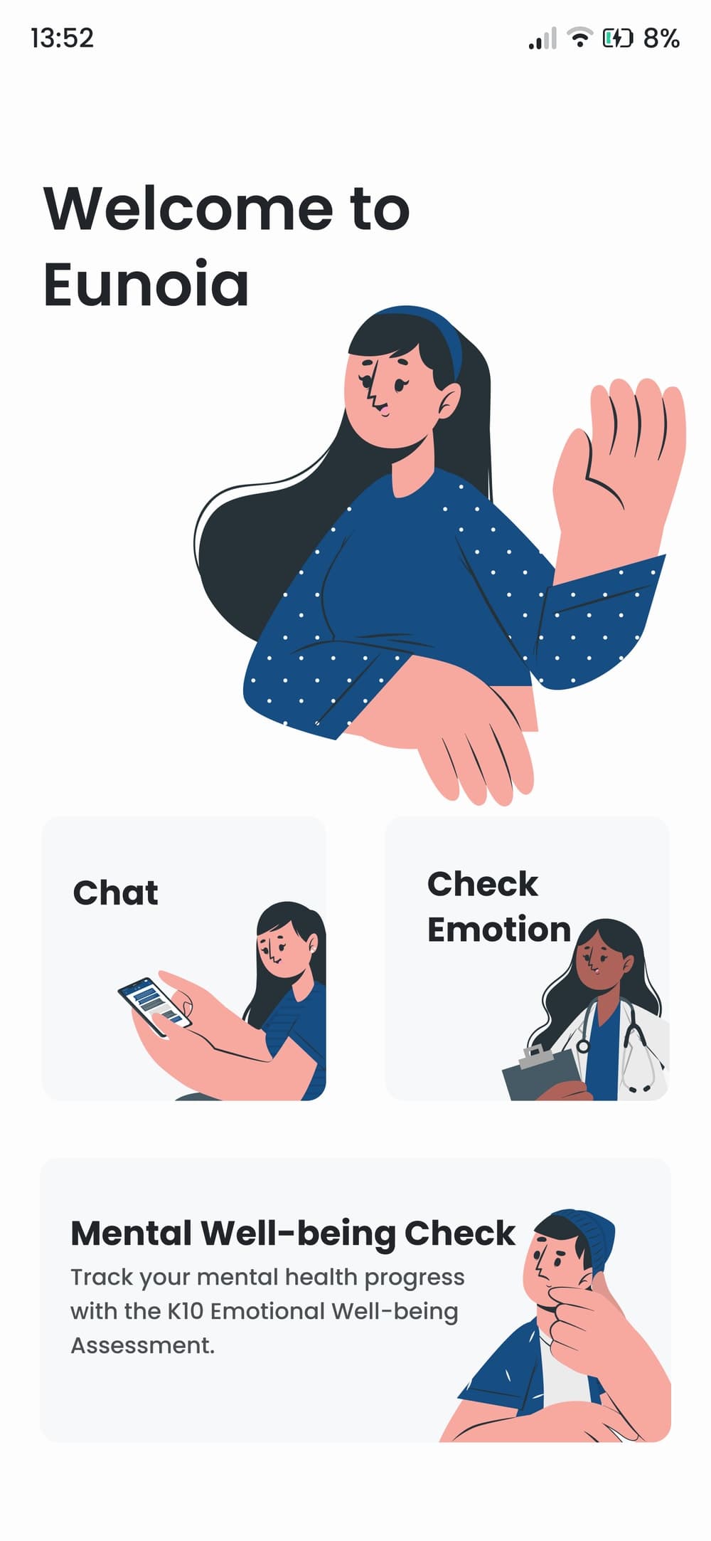 Eunoia home screen with Chat, Check Emotion, and Mental Well-being