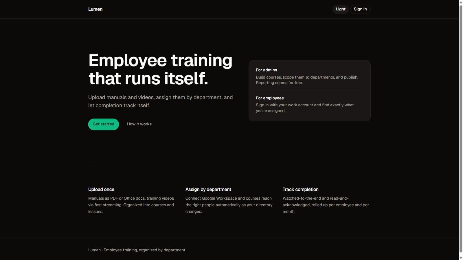 Lumen landing page in dark theme
