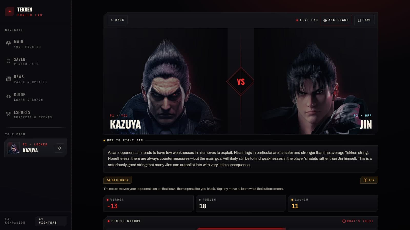 Kazuya versus Jin matchup screen with punish windows