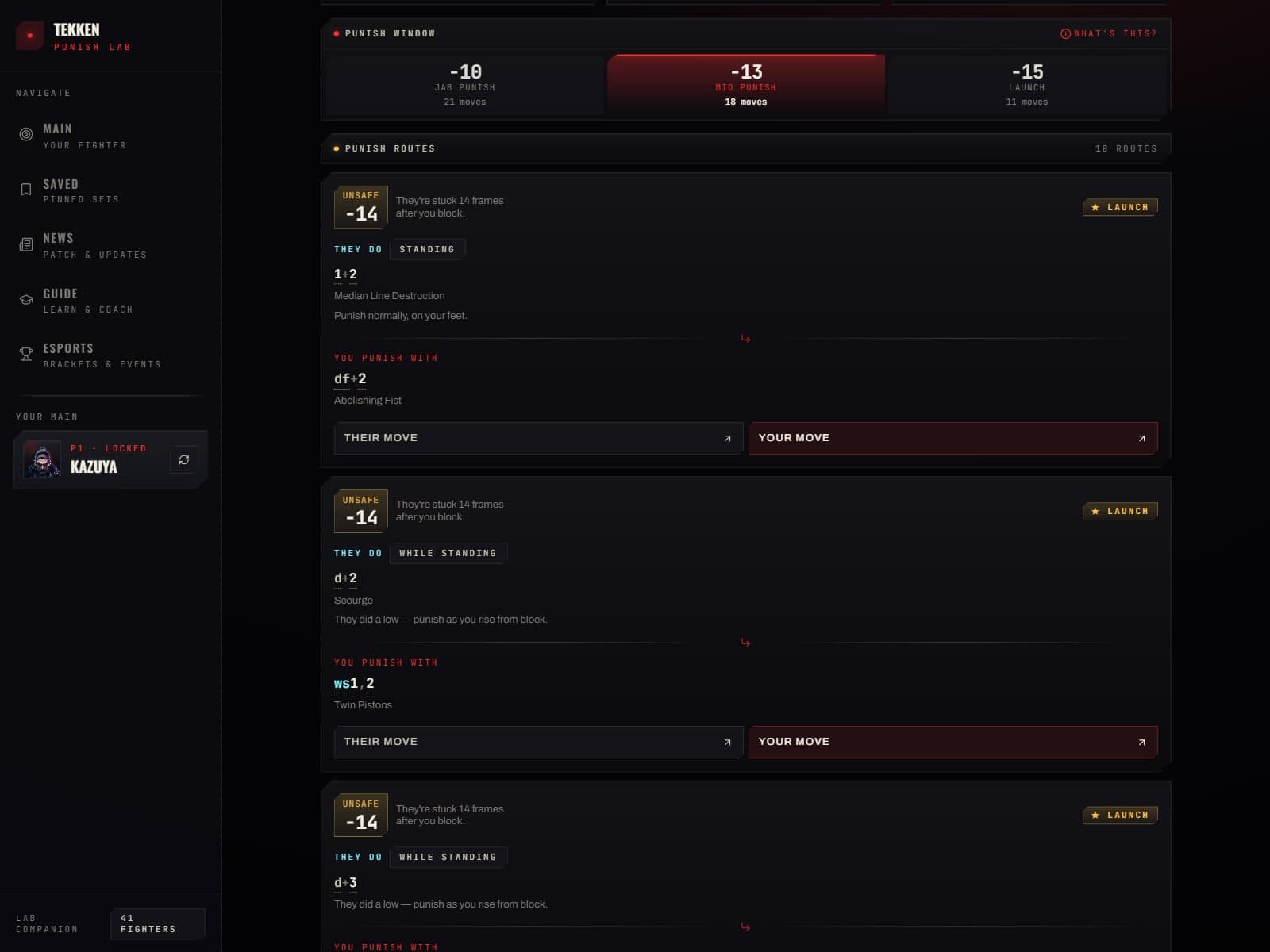 Color-coded punish routes and frame data for the matchup